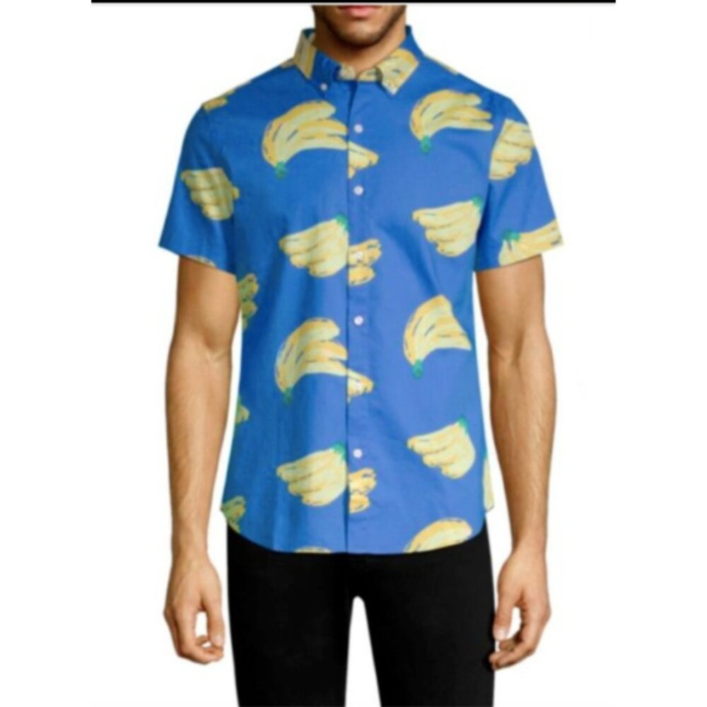 BONOBOS Banana Print Button Down Shirt Blue Buncha Bananas Riviera Short Sleeve